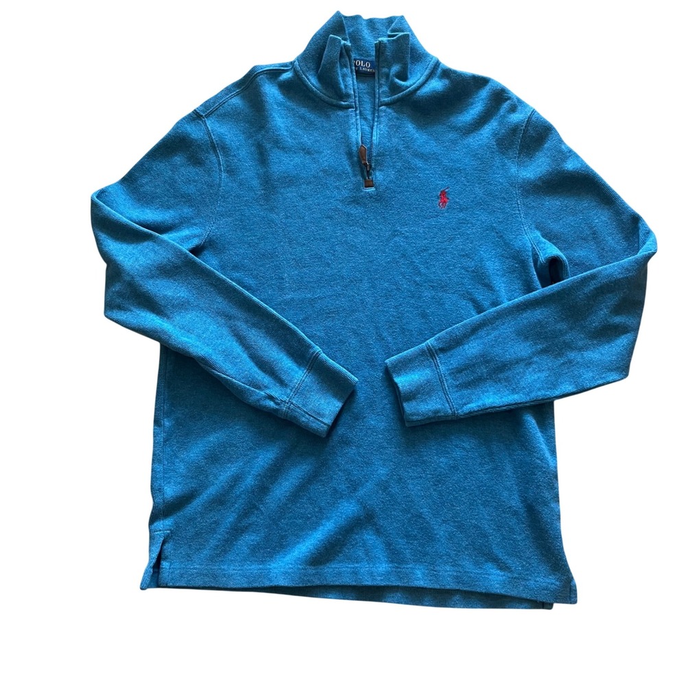 Polo Ralph Lauren Mens Medium Quarter Zip Pullover Sweater‎ Teal Blue Red Pony